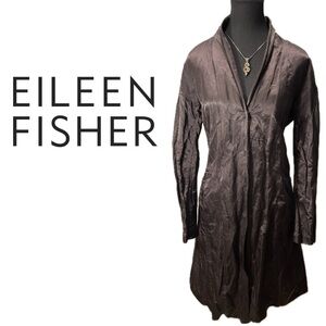 Eileen Fisher Black Italian Satin Crinkle Metallic Button Long Jacket Blazer M